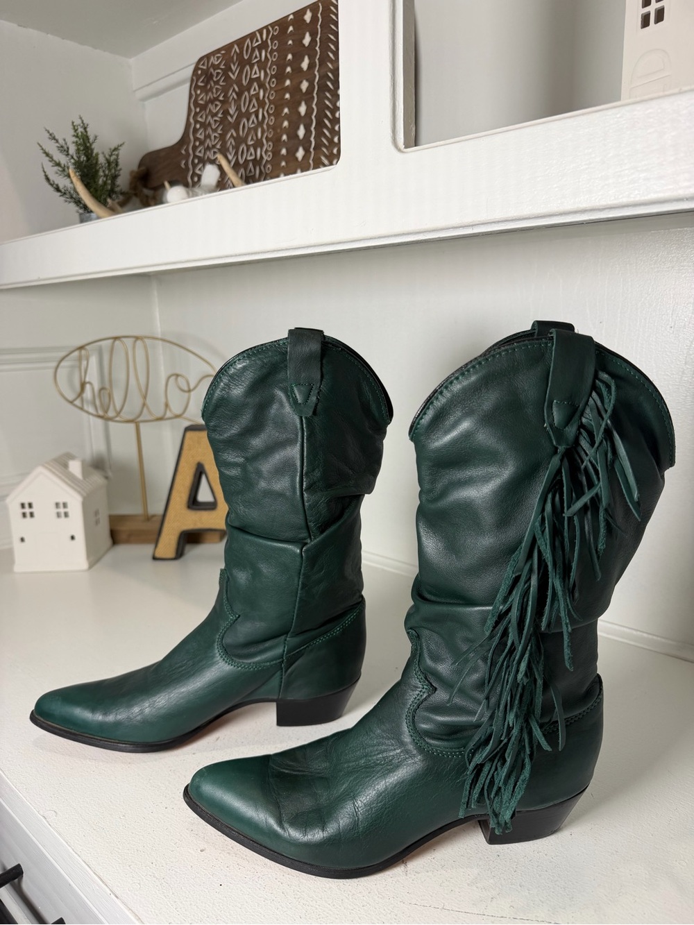 Vintage Dingo Womens 6.5M Forest Green Leather Fringe Cowboy Boots Tall Western